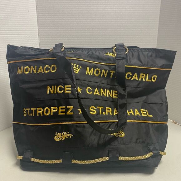 Black & Gold French Cities embroidered Shoulder Bag Carryall Zipper Closure - Picture 8 of 9